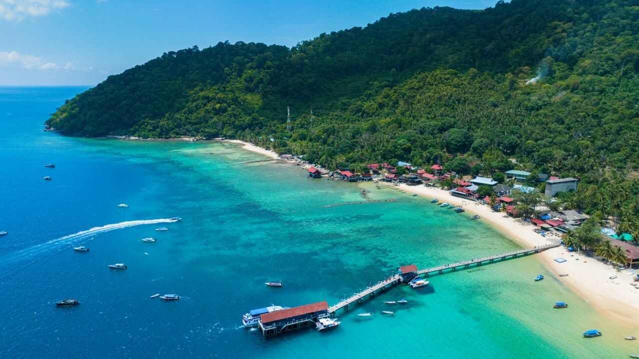 Aerial view of a turquoise Malaysian island beach