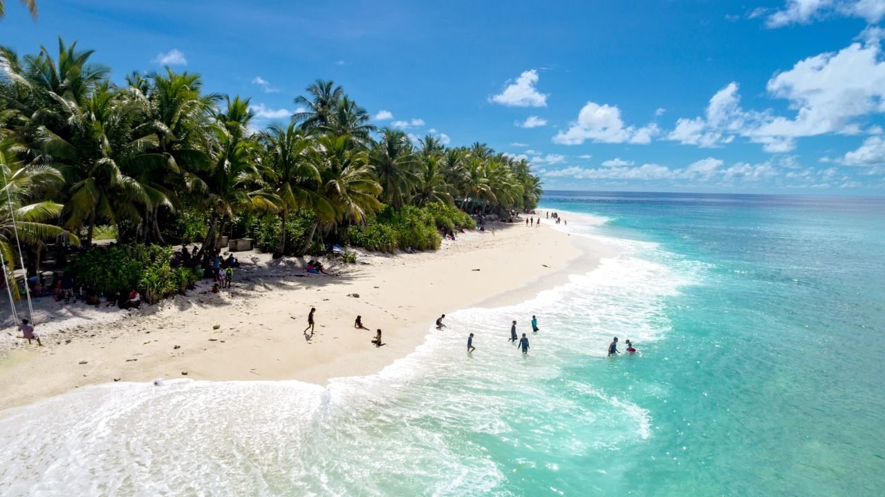 A palm-fringed white-sand beach in the Maldives